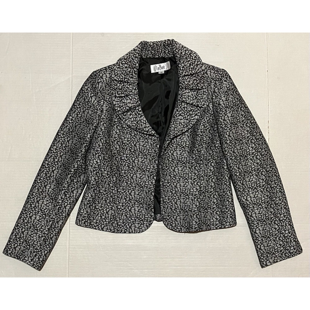 Le Suit Black Gray Geo Print Pleat Collar Cropped Jacket Size 8 No Buttons